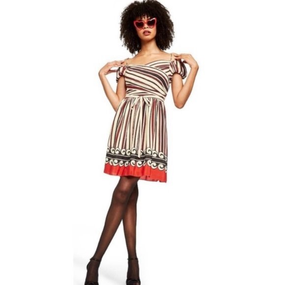 ANNA SUI Silk Striped Off the Shoulder Mini Dress - Picture 1 of 6